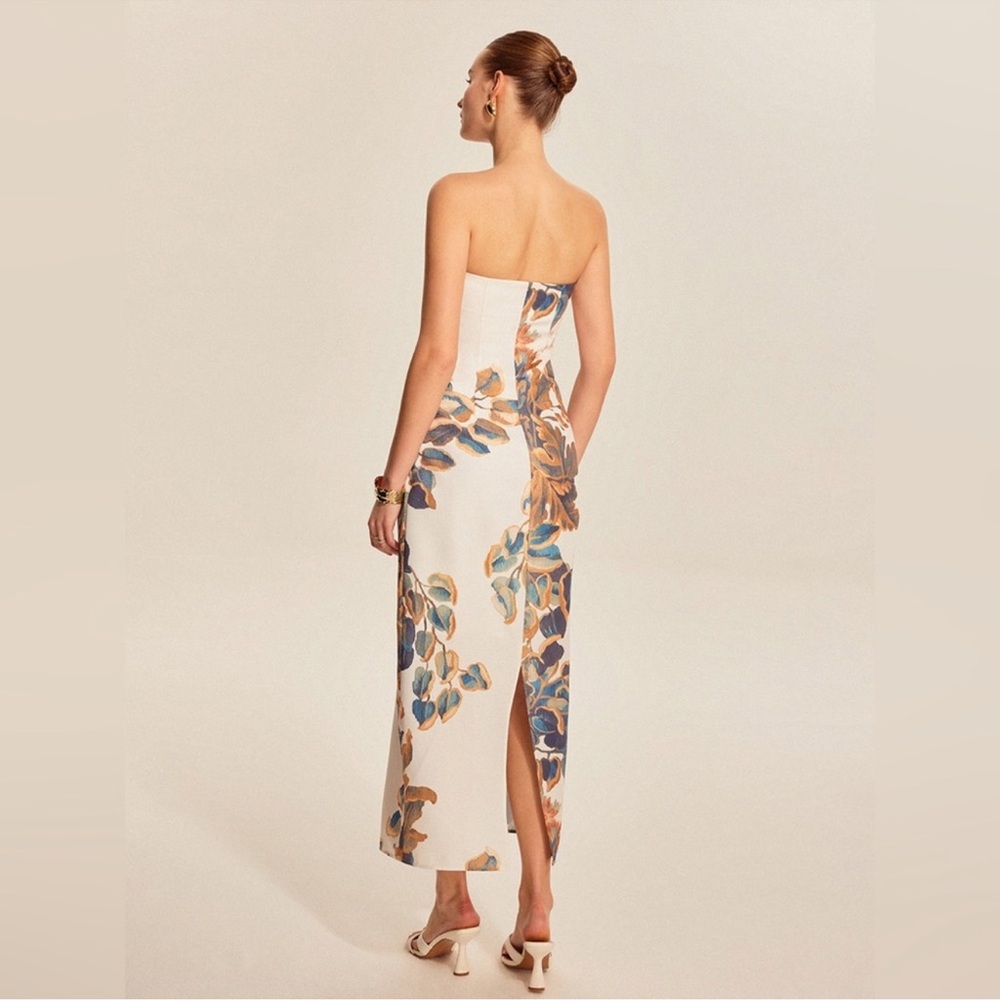 Commense Strapless Cream Dress with Blue and Brown Floral Print - Picture 3 of 8